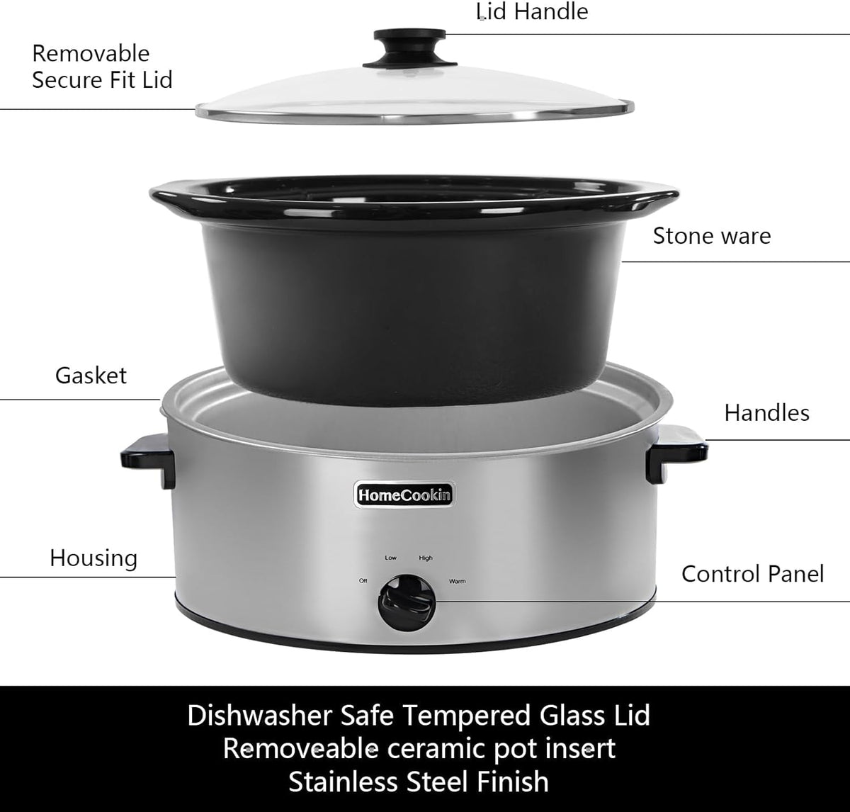 HOMECOOKIN 6 Quart Slow Cooker Oval Manual Pot Food Warmer with 3 Cooking Settings, Stainless Steel