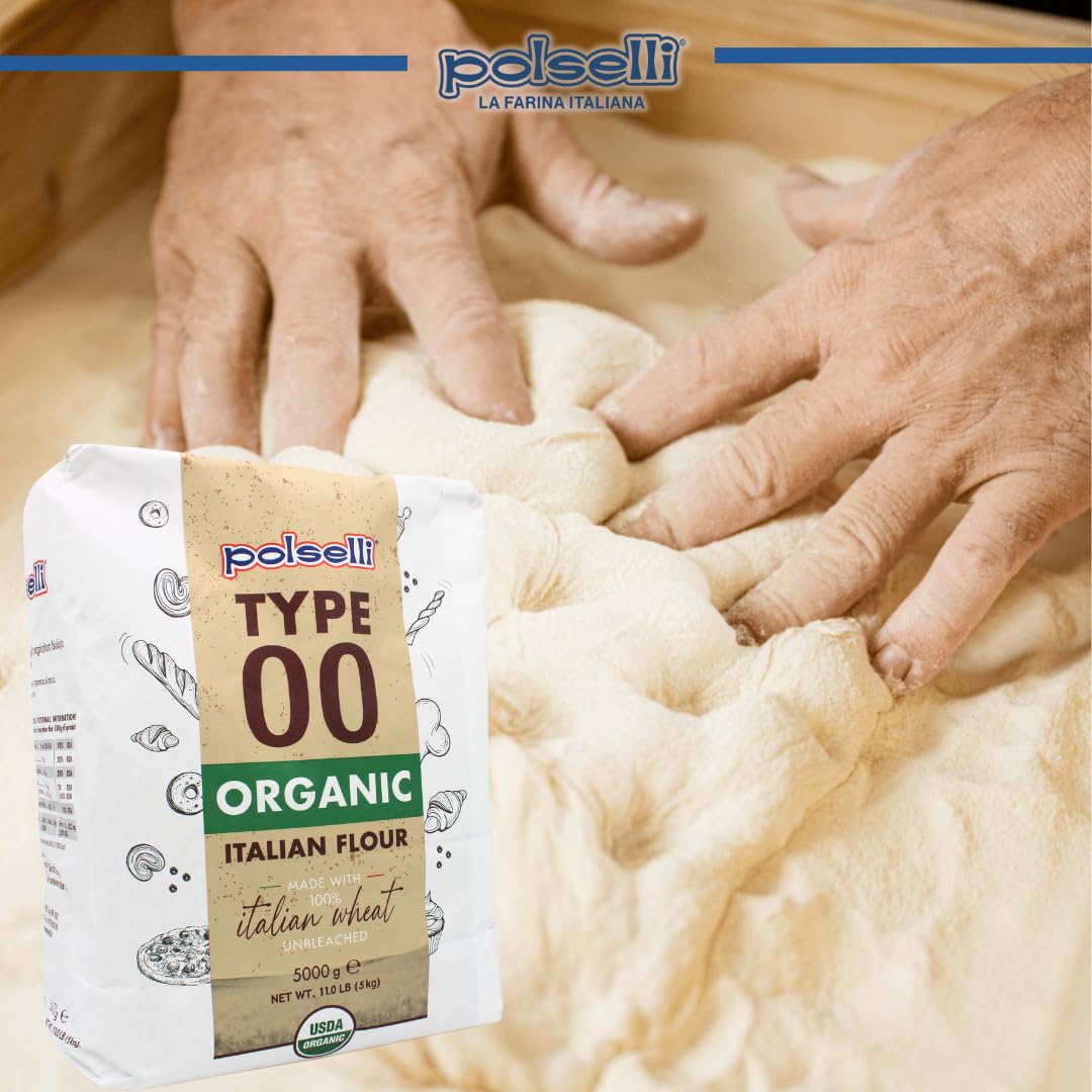 POLSELLI Organic Flour, Type 00, 100% Italian Grain, Double Zero Flour, OO Extra Fine, BIO, Neapolitan Italian Pizza, Bread, Pasta, All Natural, Unbleached, All-Purpose Flour, Unbromated, No Additives