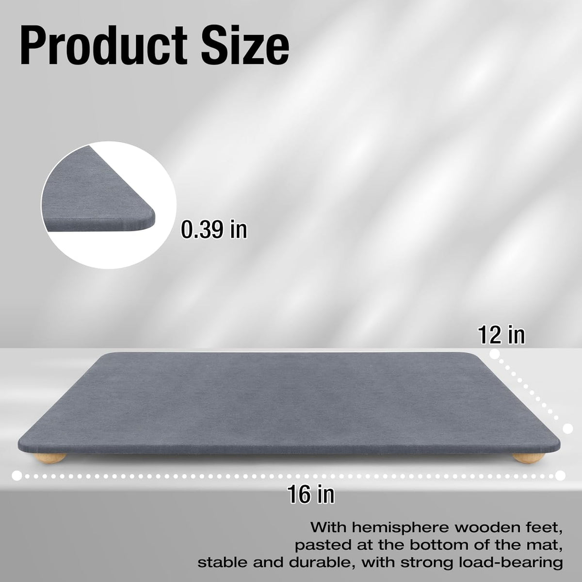 Stone Dish Drying Mat for Kitchen Counter, 16"×12" Quick Dry Super Absorbent Eco-Friendly Diatomaceous Earth Stone Mat with hemisphere wooden feet, Non-slip, Heat Resistant, Multi-purpose mats.