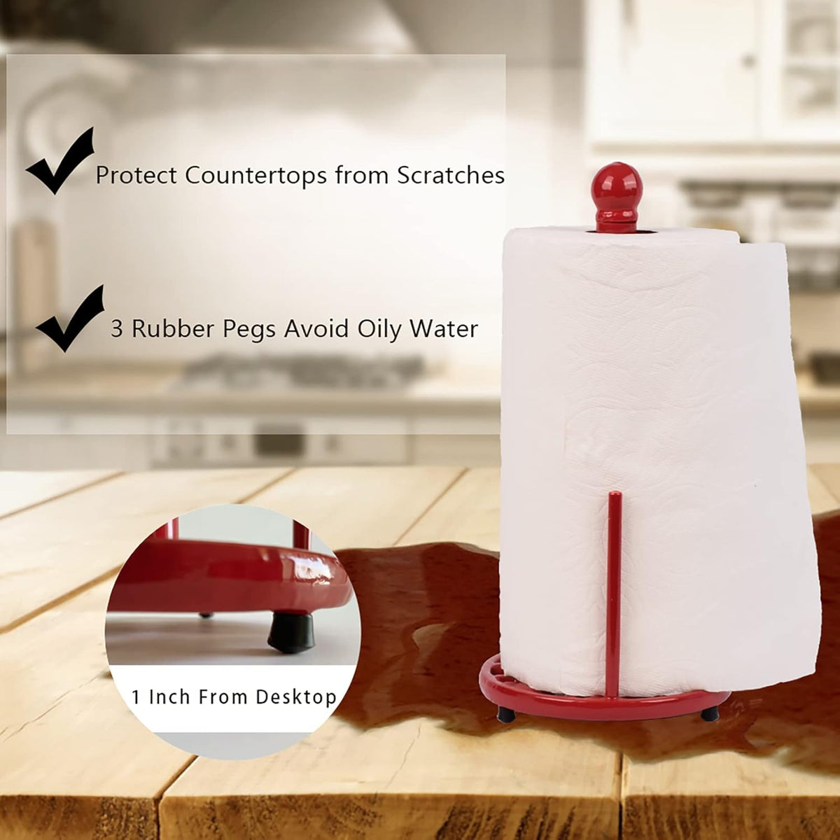 Vintage Paper Towel Stand - Cast Iron Kitchen Countertop Decor, Easy Tear Roll Towel Holder, Red