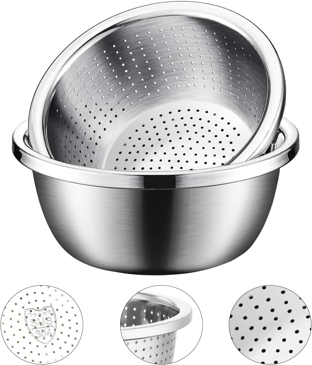 304 Stainless Steel Rice Strainer - Microporous ColanderBeans Washer Strainers And Colanders - Washing Bowl for Fruit Washing Bowl With Strainer (3.5QT)
