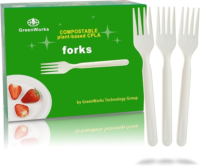 GreenWorks 200 Count Heavy-duty Compostable Forks, BPI Certified Large Disposable Cutlery Flatware Utensils Fork