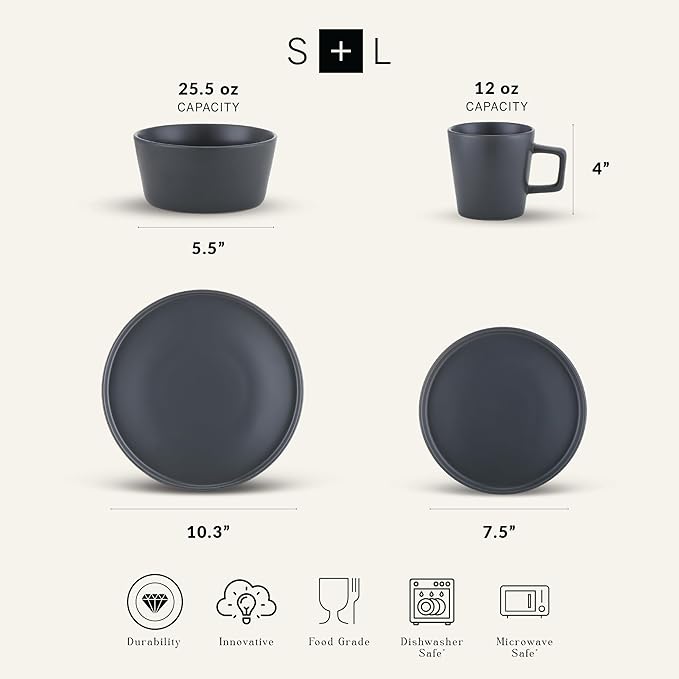 Stone Lain 32 Piece Stoneware Dinnerware Set, Service for 8, Gray Matte