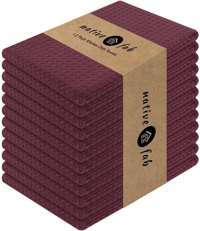 Native Fab Cotton Kitchen Towel with Hanging Loop 16x26 inches, 12-Pack, Waffle Weave Kitchen Towels for Cleaning Drying, Washcloths Soft & Absorbent Cloth Rags, Bar Towel, Dish Cloth, Burgundy Wine