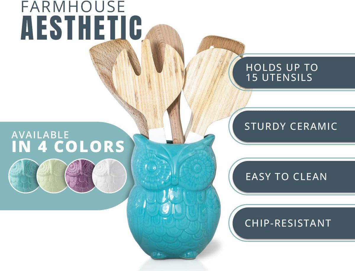 Comfify Owl Utensil Holder Decorative Ceramic Cookware Crock & Organizer, in Lovely Aqua Blue Color - Utensil Shaped Caddy and Perfect Kitchen Ceramic Decor Gift for Countertop - 5” x 7” x 4” Size