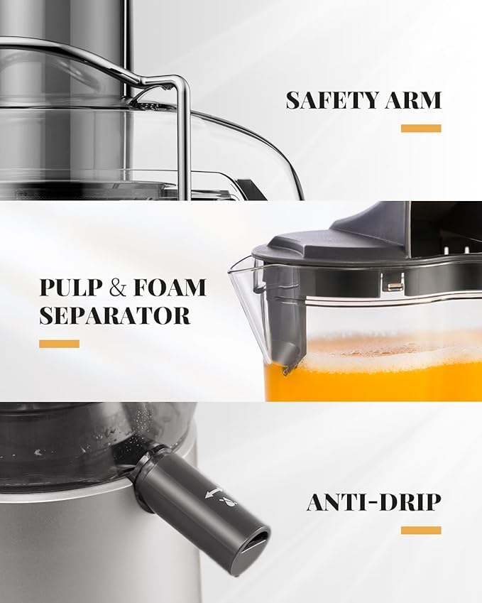 GDOR 1200W Juicer, 3.2" Wide Chute, Titanium-Enhanced Blade, Heavy-Duty Copper Motor, Dual Speed Centrifugal Juice Extractor, BPA-Free, Silver