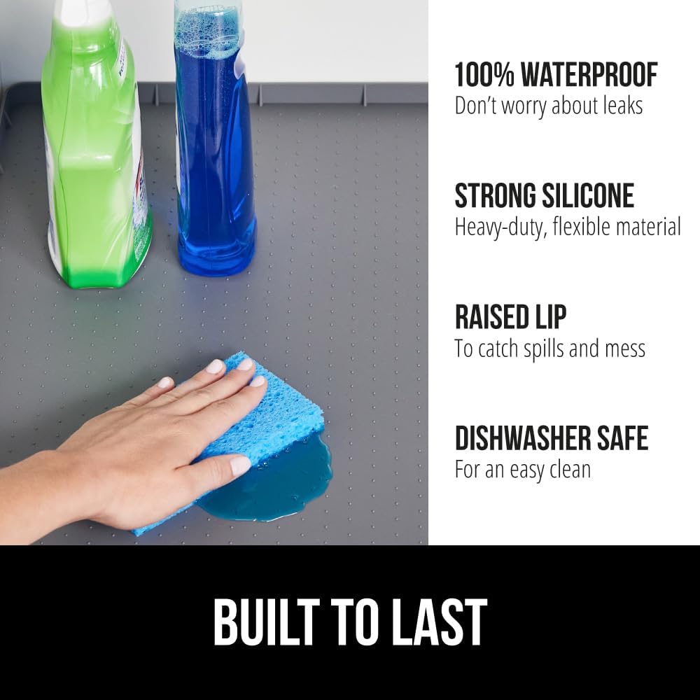GORILLA GRIP Waterproof Silicone Under Sink Mat with Raised Lip for Kitchen and Bathroom, 46 x 22 in, Cabinet Shelf Liner Stay in Place Mats Dishwasher Safe Drawer Liner, Organizer Tray, Gray