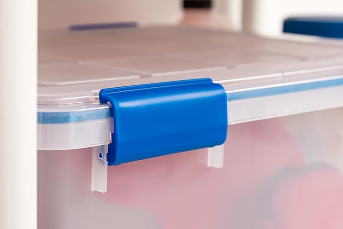 IRIS USA WeatherPro 44 Qt Storage Bins with Lids, 2 Pack, BPA-Free Plastic Gasket Box with Tight Latch and Seal, Stackable Nestable Tote Tub - Clear/Blue