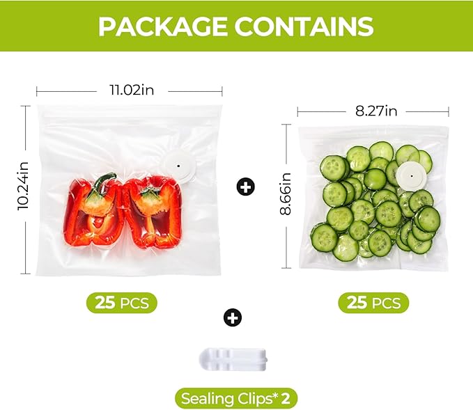 Reusable Vacuum Sealer Bags for Food with Air Valve, 50 Pack BPA‑Free Food Saver Bags Dishwasher‑Safe, Freezer,Microwave, Odor-Resistant, Leak‑proof for Leftovers, Meal Prep, Sous Vide, BBQ
