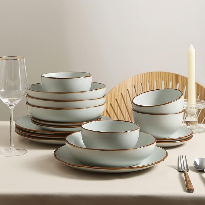 Stone Lain, Stoneware, Service for 4, Light Green, Plates and Bowls Sets, Dinnerware Set with 4 Dinner - & 4 Salad Plates, 4 Pasta - & 4 Round Bowls, Dishwasher & Microwave Safe, 16-Piece
