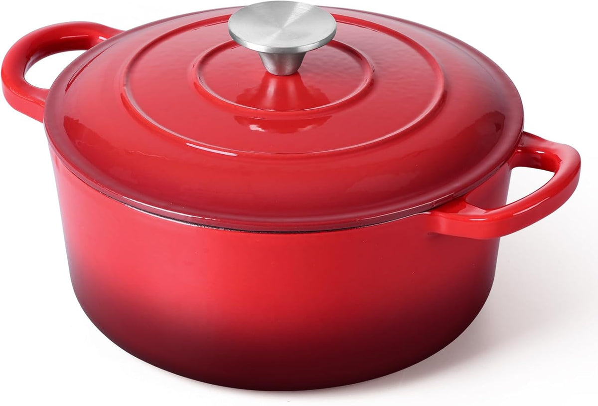 3 Qt Enameled Cast Iron Dutch Oven with Lid, E-far Small Round Nonstick Dutch Oven Pot for Bread Baking Braising Stews Roasting Cooking, Heavy Duty, Induction & Oven Safe - Red