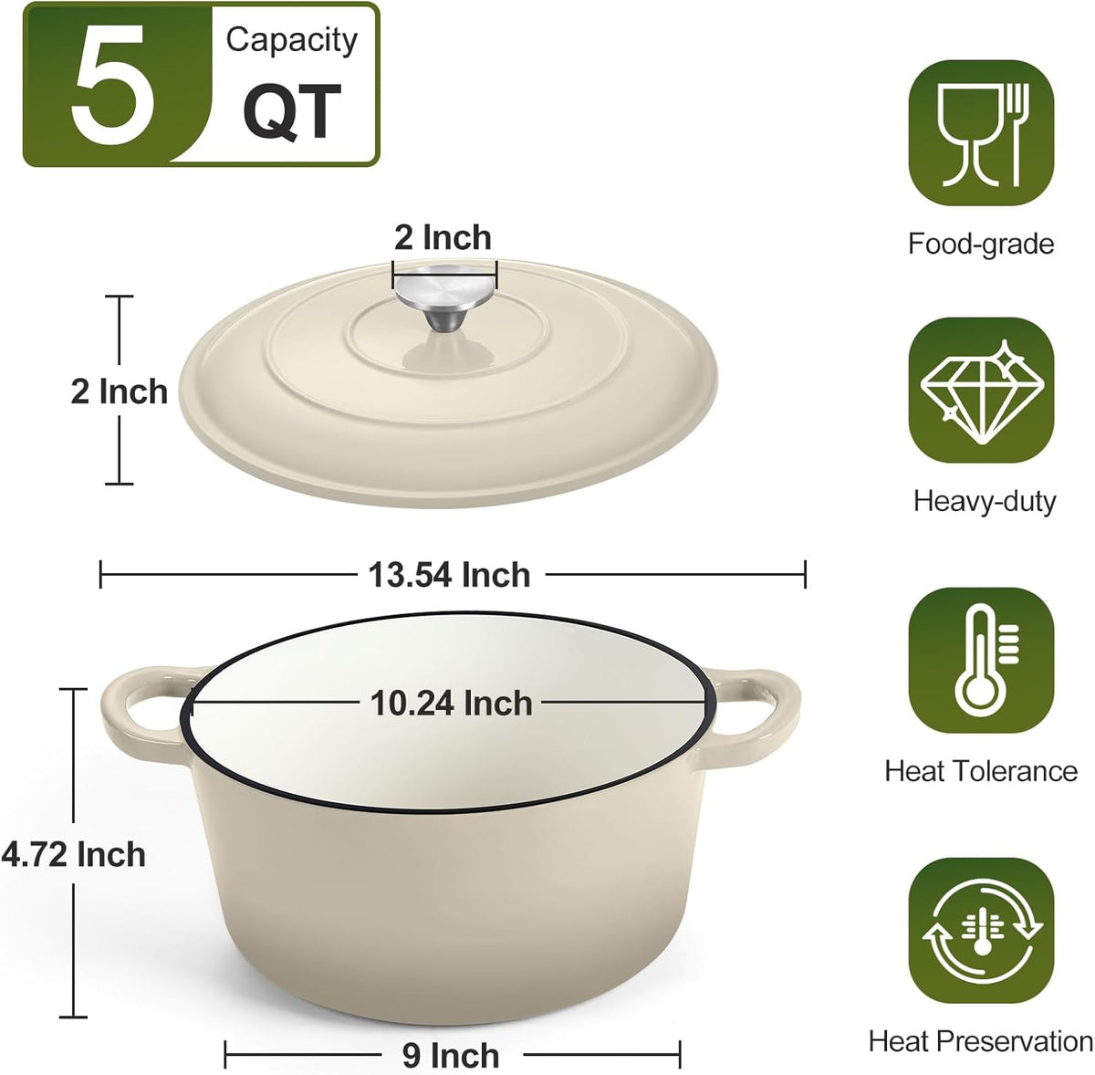P&P CHEF 5QT Enameled Dutch Oven, Cast Iron Dutch Oven Pot with Lid for Bread Baking, Enameled Casserole Pot for Roasting Braising Stewing Frying Simmering, Various Stoves & Easy Clean, Khaki