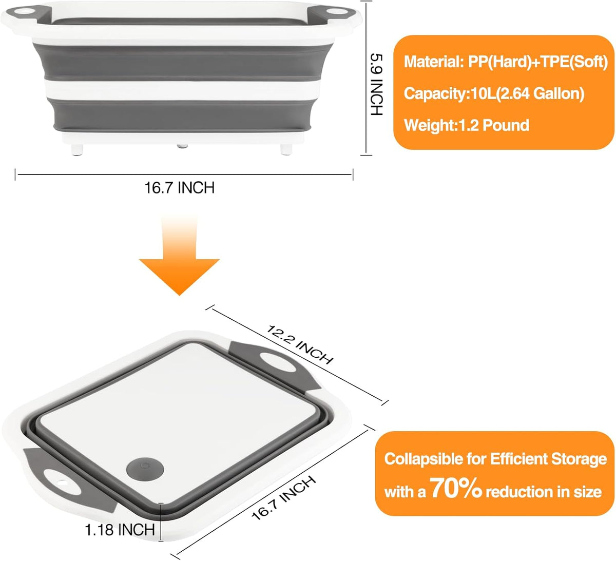 Collapsible BBQ Prep Tub/Cutting Board 10L, Foldable Dish Tub with Colander, Portable Camping Sink, Multifunction Dishing Basin Bucket Wash Tub for Kitchen Fruit Vegetable Picnic (Gray)
