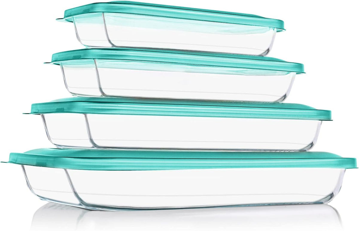 KOMUEE 8 Pieces Glass Baking Dish with Lids Rectangular Glass Baking Pan Bakeware Set with BPA Free Lids, Baking Pans for Lasagna, Leftovers, Cooking, Kitchen, Fridge-to-Oven, Green