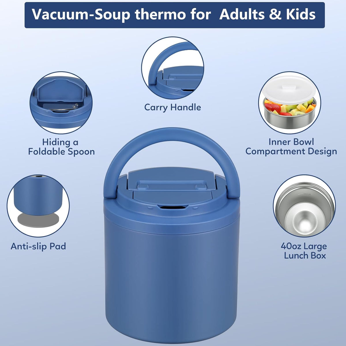 Thermo for Hot Food, Soup Thermo for Adults 40oz Lunch Containers Wide Mouth, Insulated Food Container Leak Proof Vacuum Stainless Steel With Carry Handle and Spoon BPA Free