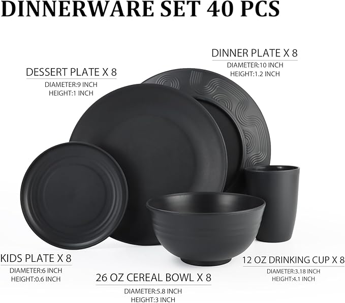 Kitchen Wheat Straw Dinnerware Set 40 PCS Dishes Sets for 8 Plastic Plates Reusable Dinner Plates Cereal Bowls Small Cups Dishwasher & Microwave Safe Unbreakable Dish Set for Picnic RV-Black