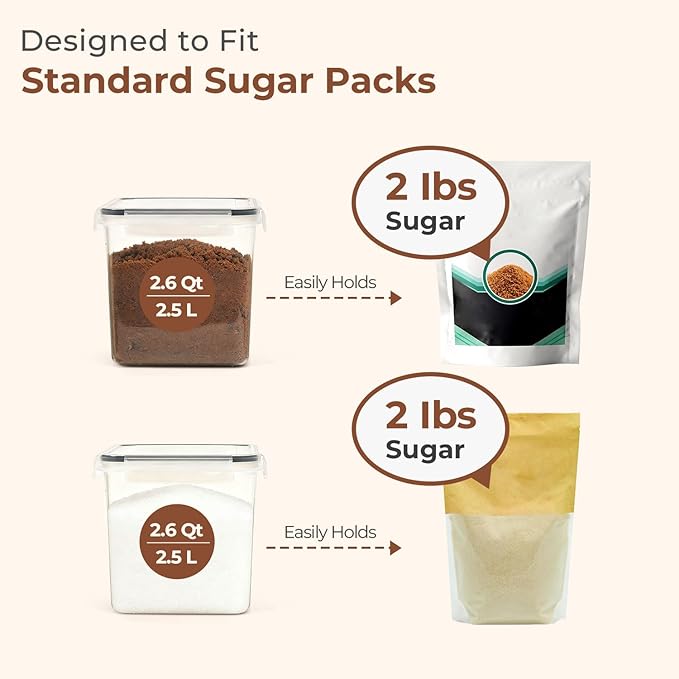 ComSaf Brown Sugar Container Set of 2 (2.5L/2.6Qt), Airtight Food Storage Containers with Lids and Terra Cotta Brown Sugar Saver, Plastic Canisters Sets for Kitchen, Pantry Organizer for Flour, Baking