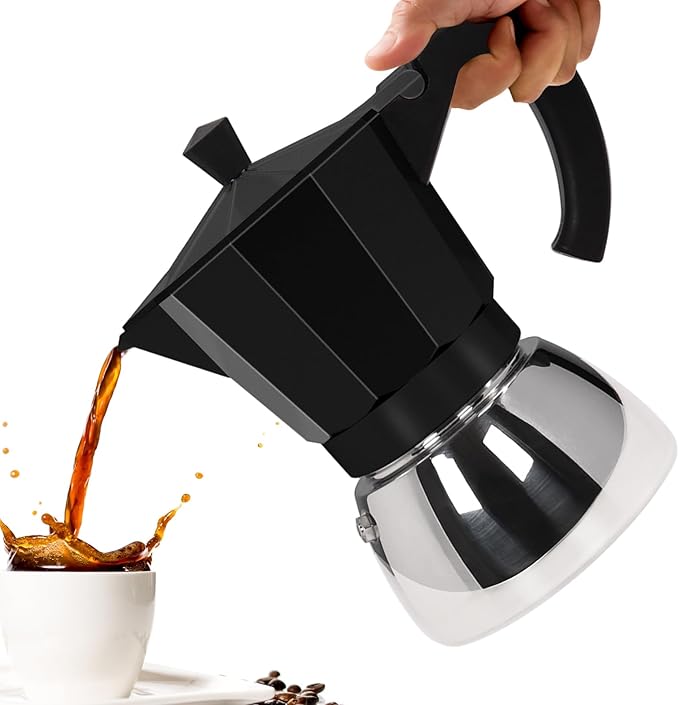 No Coating 4 Cup Aluminum and Stainless Steel Moka Pot Stovetop Espresso Maker Italian Coffee Machine 220ml 7.44oz Suitable for Gas Induction Stovetop Greca Coffee Maker Percolator Black