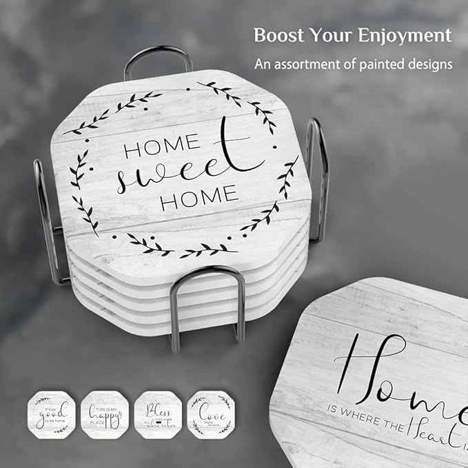 UMIRRO Rustic Farmhouse Coasters for Wooden Table, Modern Ceramic Coasters with Holder for Coffee Table Decor, Housewarming Gifts for New House/Home, Assorted Design, White, 4", 6 Pack