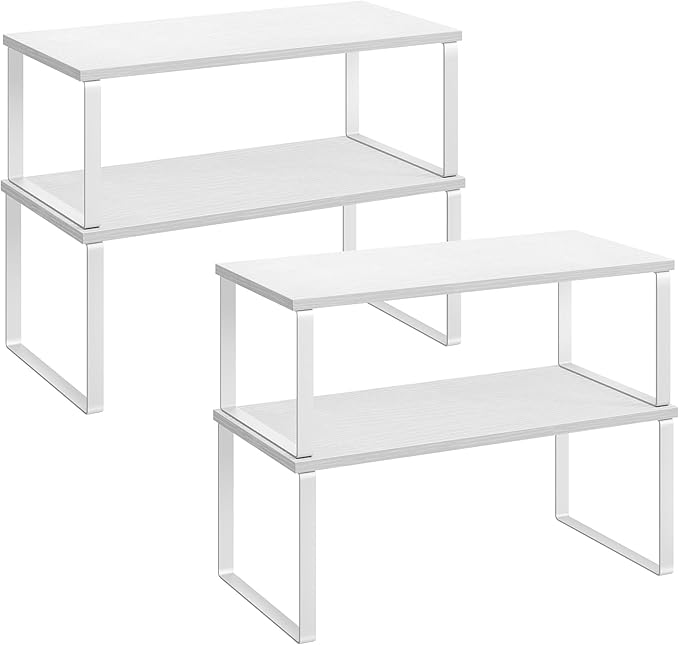SONGMICS Cabinet Organizer Shelf, Set of 4 Kitchen Counter Shelves, Kitchen Storage, Spice Rack, Stackable, Expandable, Metal and Engineered Wood, Cloud White and Snow White UKCS028W01
