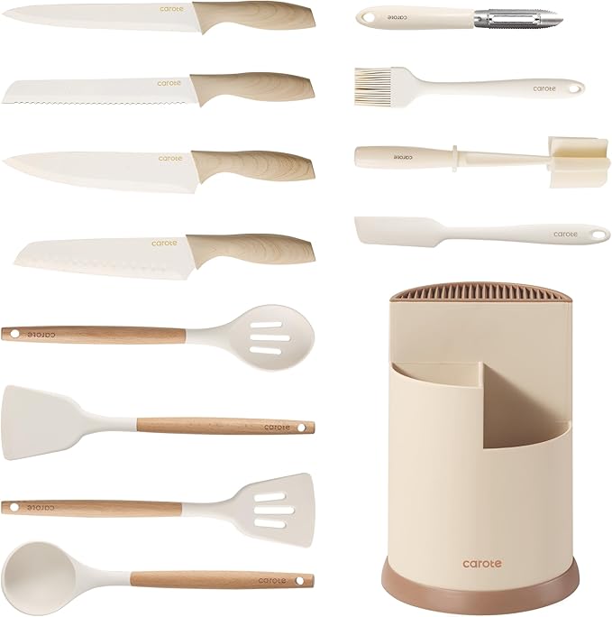 CAROTE 13Pcs Kitchen Utensils Set with 360 Rotating Knife Block, Heat Resistant Cooking Utensils Set with Wooden Handle, Kitchen Knife Sets with Nonstick Ceramic Surface, Cream White