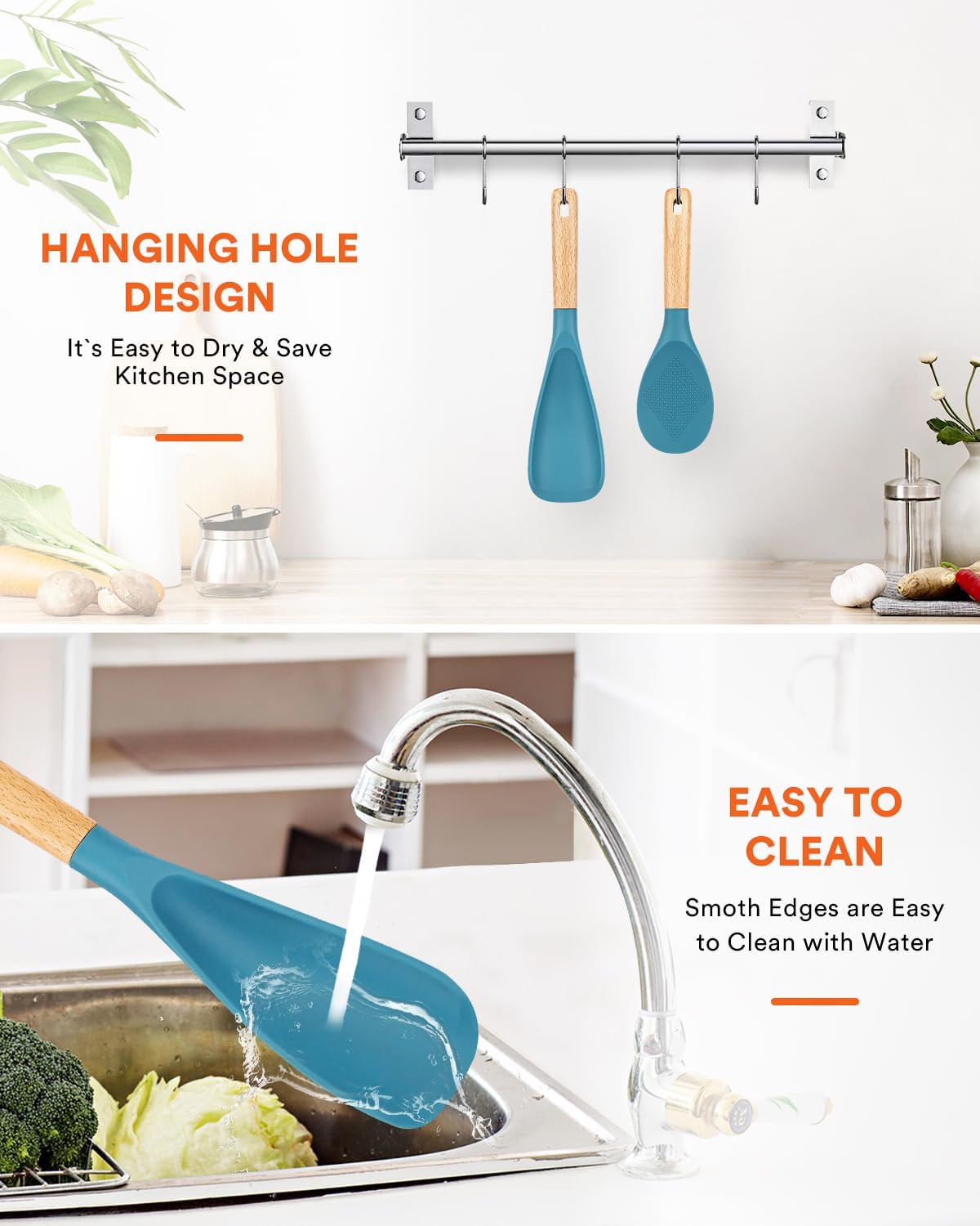 Cooking Spoon and Rice Scooper for Nonstick Cookwares, Great for Cooking and Serving Sturdy BPA-Free Matte Silicone, Wood Handle Spoon for Mixing, Scoop, and Scrape, Turquoise