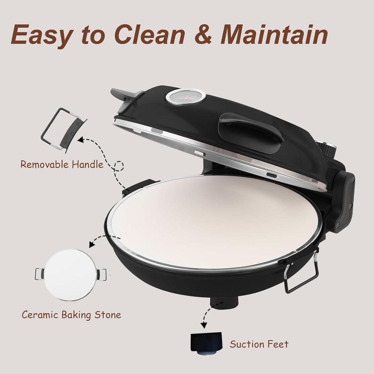12" Electric Pizza Oven - Countertop Pizza Maker with Ceramic Stone, Heats up to 800°F, Portable Indoor Pizza Oven for Homemade Pizzas, Grey
