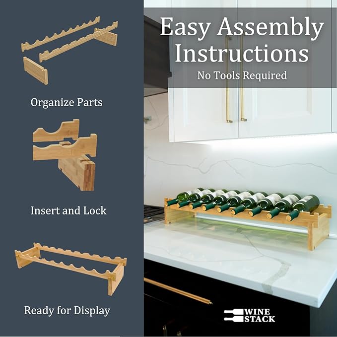 9 Bottle Bamboo Stackable Small Wine Rack for Countertop, No Tools Assembly, Durable, Wine and Liquor Bottle Storage for Small Spaces