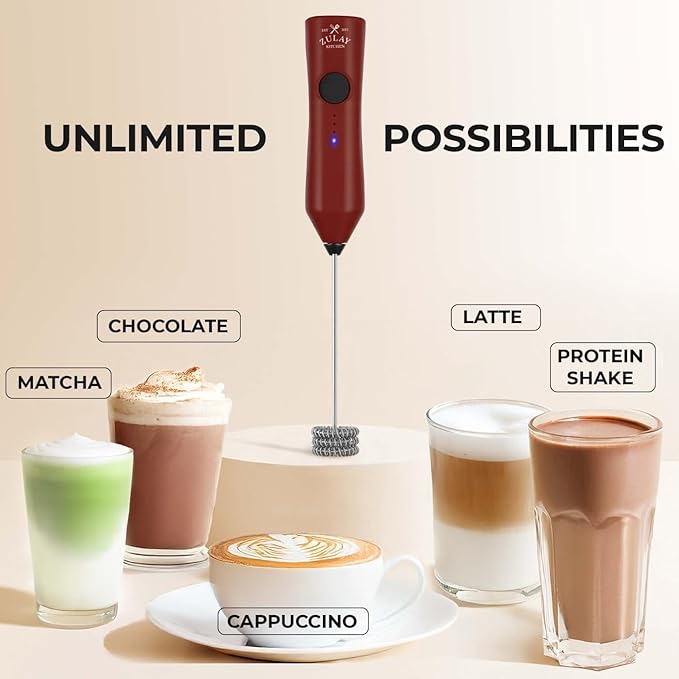Zulay Kitchen Rechargeable Milk Frother - Dynamic - 3 Speeds, 3 Whisk Attachments, 500 mAh USB Charging, Drink Mixer For Latte, Cappuccino, Matcha, Protein Powder, Coffee Foam - Red Black