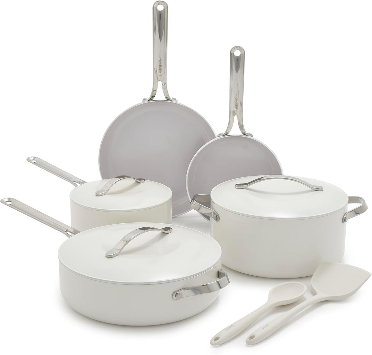 GreenPan Nova 10-Piece Cookware Pots & Pans Set, Oprah’s Favorite Things 2024, PFAS-Free Ceramic Nonstick, Fry, Sauté, Stockpot, Utensils, Lids, Induction Suitable, Dishwasher & Oven Safe, Cream White