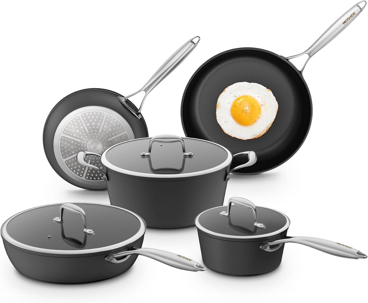 Pots and Pans Set Non Stick, Oven Safe 500F Premium Hard Anodized Induction Cookware Sets 8 Pcs, Frying Pans & Saucepans with Stay-Cool Handles, Glass Lids, PFAS/PFOS/PFOA/BPA Free, Black