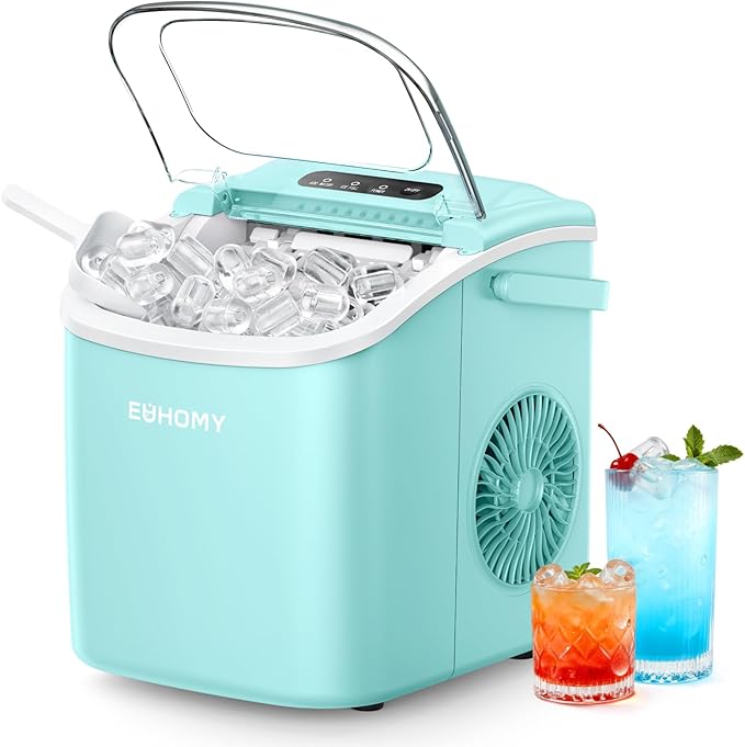 EUHOMY Countertop Ice Maker Machine with Handle, 26lbs Per Day, 9 Ice Cubes Ready in 6 Mins, Auto-Cleaning Portable Ice Maker with Basket and Scoop, for Home/Kitchen/Camping/RV (Green)