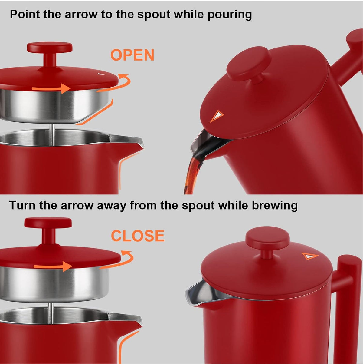 Secura French Press Coffee Maker, Double-Wall 304 Grade Stainless Steel Coffee Press with 2 Extra Screens, 34oz (1L), Red