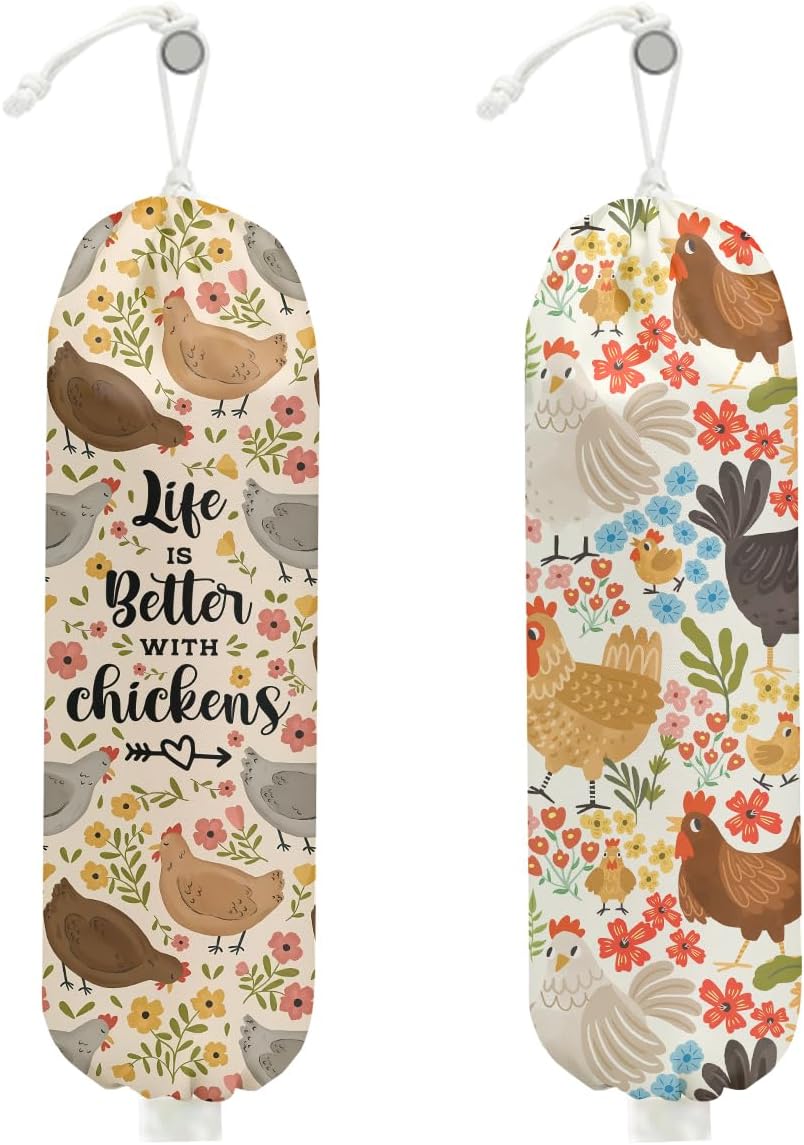 2 Pcs Chicken Plastic Bag Holder, Funny Chickens Grocery Bag Holder for Plastic Bags, Pull Rope Free Adjustment, Floral Grocery Bags Storage Dispenser for Home Kitchen, Chicken Gifts for Women