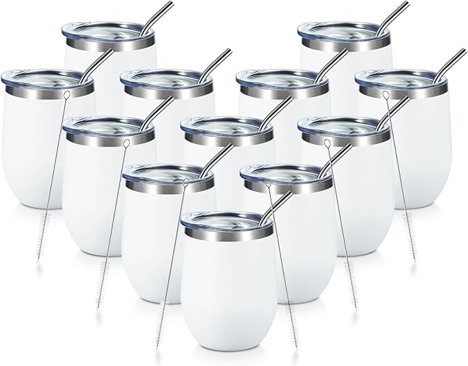 COMOOO 12oz Stainless Steel Wine Tumbler Lid and Straw, Double Wall Vacuum Insulated Wine Tumbler Cup, Stemless Wine Tumbler, Coffee, Wine, Cocktails, Ice Cream Cup White,12 Pack