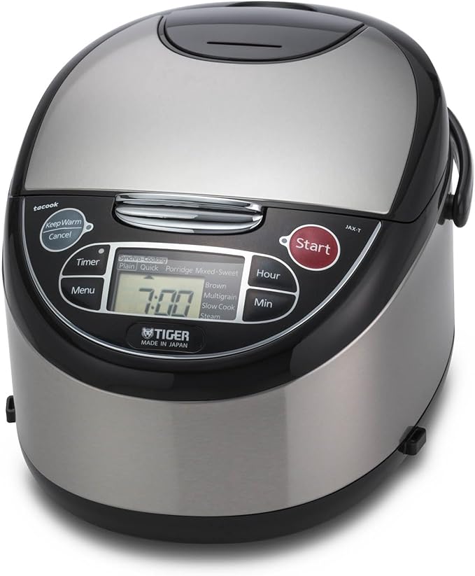 TIGER JAX-T10U-K 5.5-Cup (Uncooked) Micom Rice Cooker and Warmer with Tacook Food Steamer Cooking Tray Technology and 10 Auto-Cook Settings, Stainless Steel Black