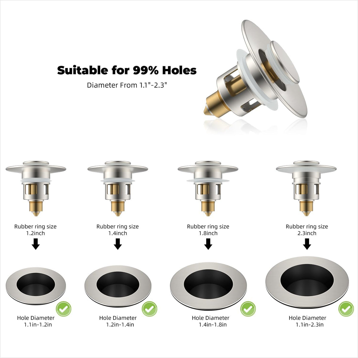 Hibbent All Metal Universal Bathroom Sink Stopper for 1.1''~2.3'' Basin, Pop Up Sink Drain Strainer, Brass Bullet Core Push Type Stopper, Stainless Steel Anti Clogging Drain Filter, Brushed Nickel