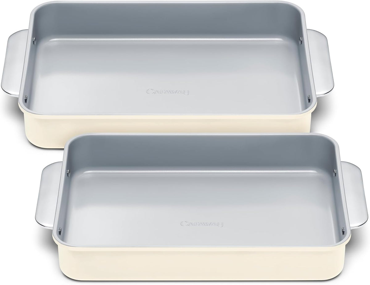 Caraway Non-Stick Ceramic 9”x13” Rectangle Pan Duo - Naturally Slick Ceramic Coating - Non-Toxic, PTFE & PFOA Free - Perfect for Brownies, Lasagnas, and More - Cream