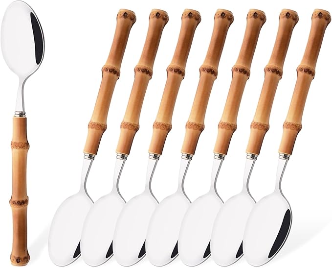 8-Piece Bamboo Handle Dinner Spoon Set, Stainless Steel Spoons for Kitchen Home and Restaurant, Mirror Polished, 8.03 inch