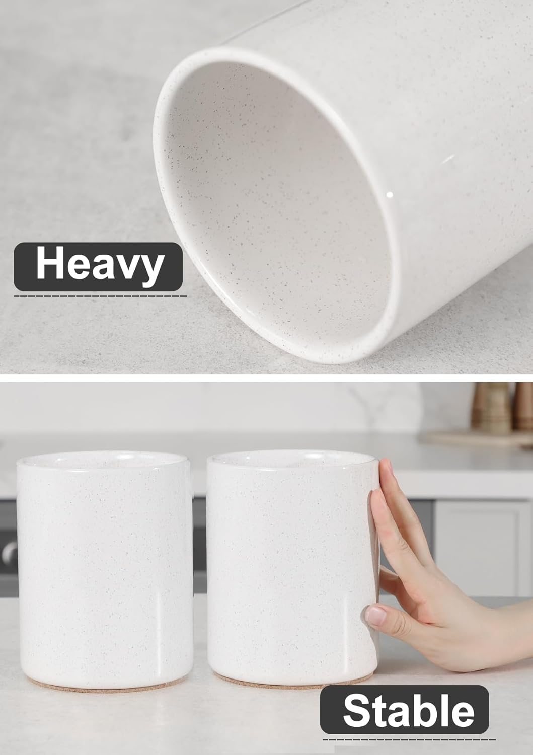 Nucookery Utensil Holder, 6.4" Ceramic Kitchen Utensil Holder for Countertop with Protection Cork Bottom, Vintage Farmhouse Kitchen Decor for Counter, Gift (Sand)