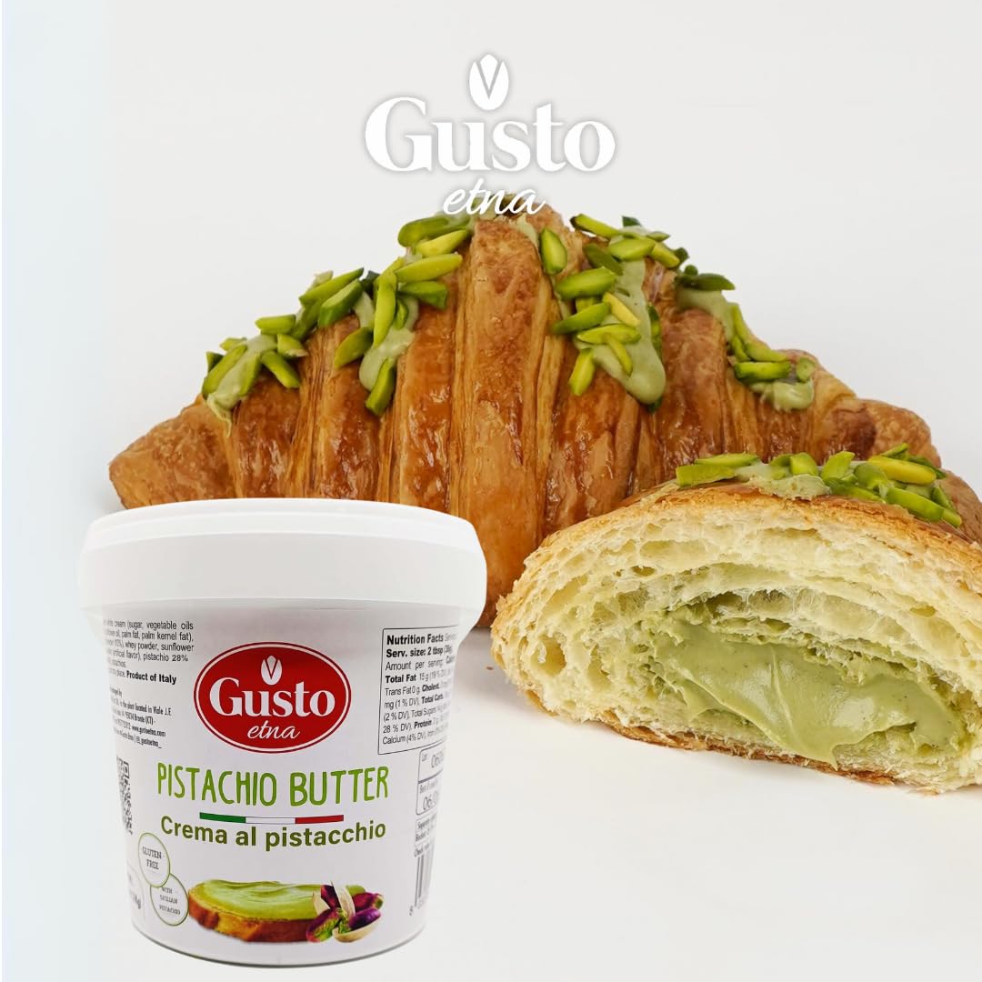 GUSTO ETNA Pistachio Cream, Sweet Nut Butter, Bulk Tub, Rich & Nutty filling for Knafeh Pistachio Chocolate Bars, Sweet Pistachios Spread, Pistachios Paste & more Product of Sicily, Italy, 2.2 LB (1 Kg)