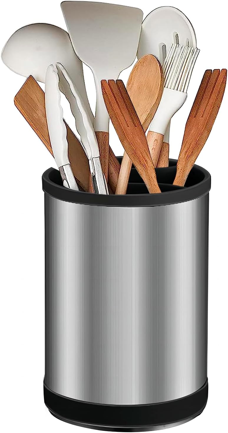 Kitchen Utensil Holder for Countertop, 360°Rotating Cooking Utensil Crocks，4 Compartment Stainless Steel Utensil Holder,6.7”Large Utensil Crock Spoon Fork Knife Holder For Kitchen Counter