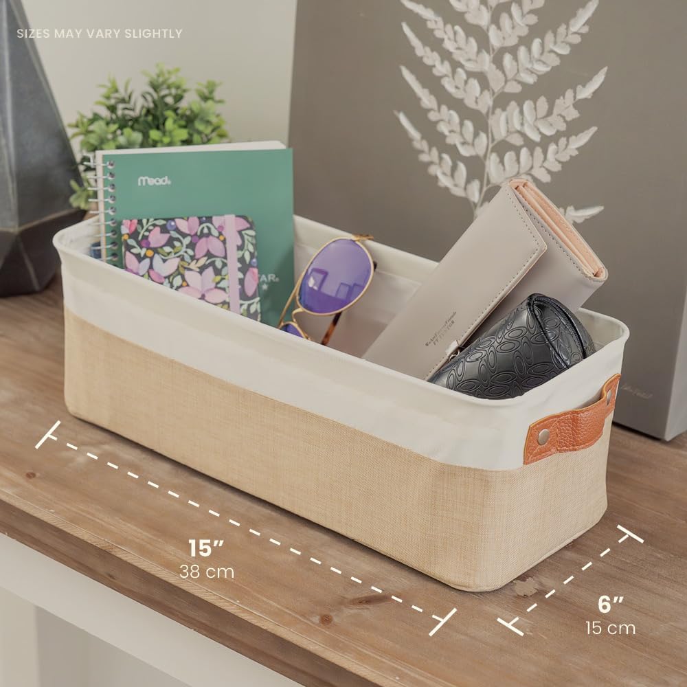 OrganiHaus Narrow Storage Bins 15x06in, Small Closet Bins for Shelves, Bathroom Storage Baskets for Shelves, Narrow Baskets, Fabric Organizer with Handles, Toilet Paper Organizer - 2 Pack, Beige