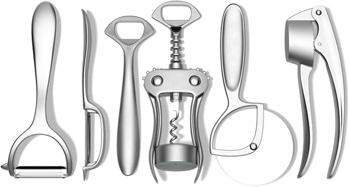 Public Goods Kitchen Tool Set | 6 Piece Kitchen Utensil Set | Includes Y-Peeler, Peeler, Bottle Opener, Wine Opener, Pizza Cutter, and Garlic Press | Plastic-Free, Dishwasher Safe Gadget Essentials