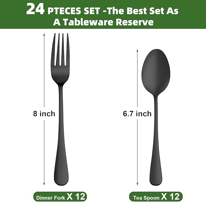24 Pcs Black Forks and Spoons Silverware Set, Food Grade Stainless Steel Flatware Cutlery Set for Kitchen and Restaurant, 12 Dinner Fork(8") and 12 Teaspoon(6.7"), Mirror Polished, Dishwasher Safe