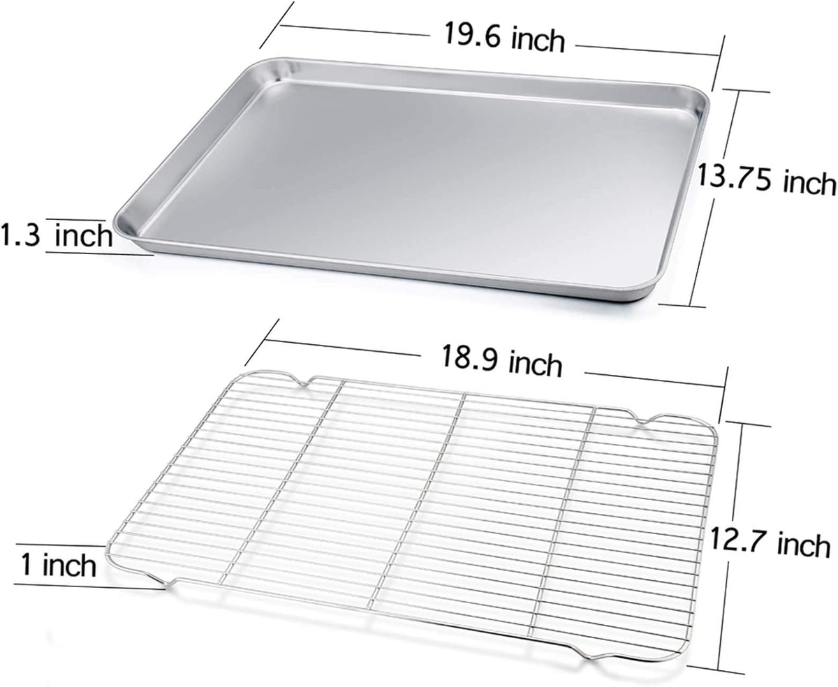 TeamFar Baking Sheet with Cooling Rack, Stainless Steel Half Size Cookie Sheet Pan and Baking Rack Set, 20’’×14’’×1’’, Non Toxic & Rust Free, Thick & Heavy Duty, Mirror Finish & Dishwasher Safe