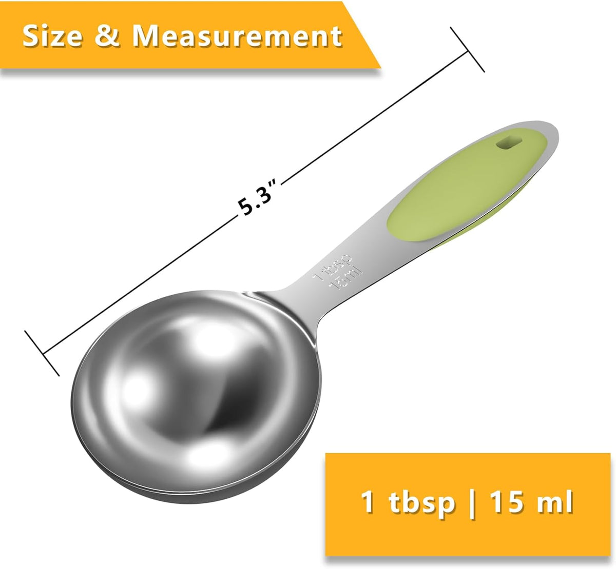 1PCS 1 Tbsp(3tsp, 1/2oz, 15ml) Single Measuring Spoon with Green Silicone Grip, Stainless Steel Individual Measure Scoop Only