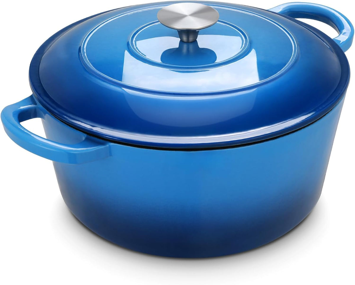 LIFERUN 6 Qt Enameled Cast Iron Dutch Oven Pot with Lid，Oven Safe up to 500° F, Non-Stick Dutch Oven with Dual Handles for Bread Baking, Fry Foods, Braising, Stews, Roasting (Blue)