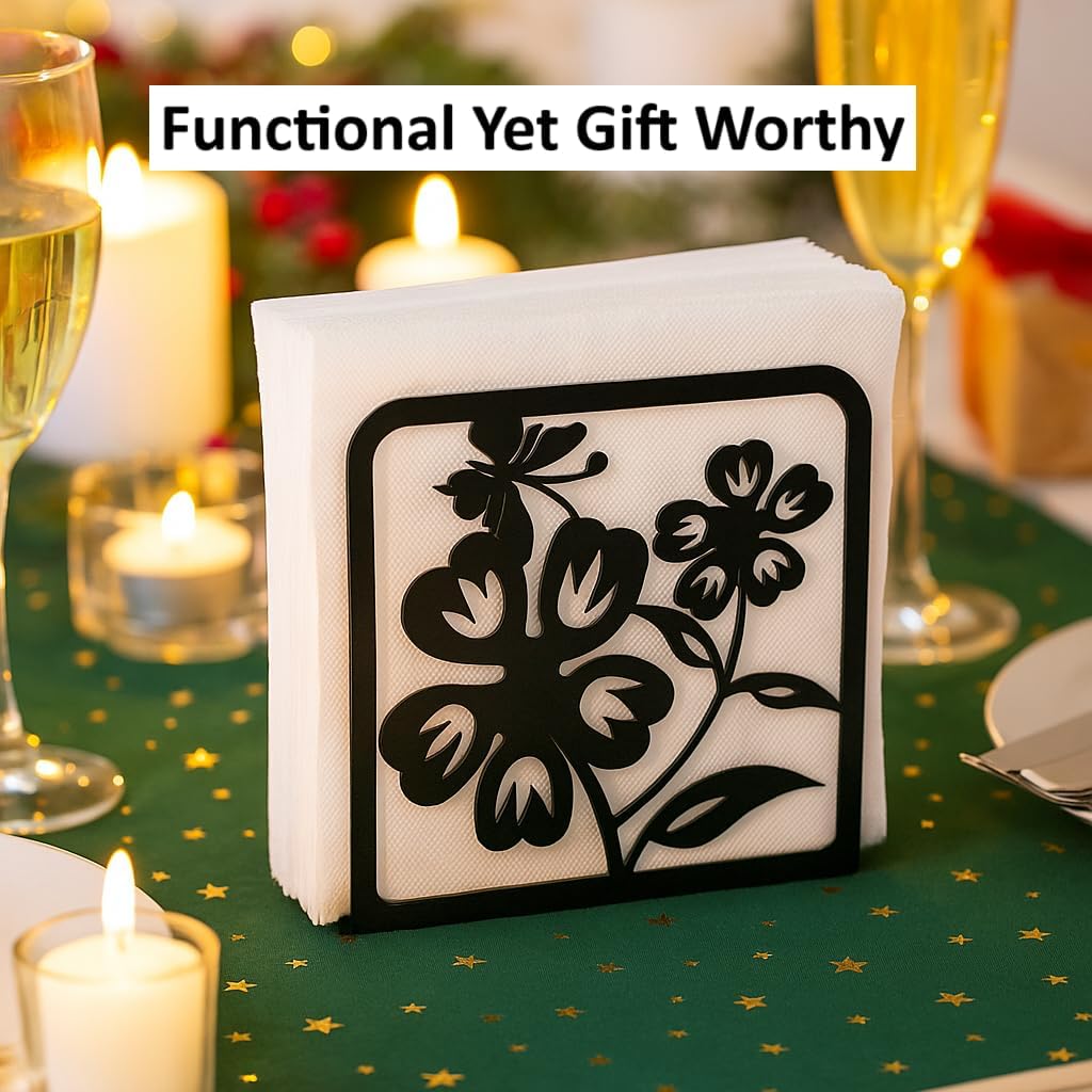 Decorative Napkin Holder for Kitchen & Dining Table – 2 Pack Metal Napkin Holders for Everyday & Cocktail Napkins – Floral & Dog Design – Anti-Scratch Slip-Resistant Paper Napkin Dispenser