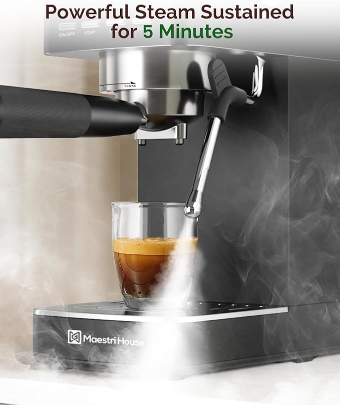 Maestri House Espresso Machine, 20 Bar ULKA Pump, Compact Espresso Maker Built-in Flow Meter Steam Milk Frother, Stainless Steel Coffee Machine for Cappuccino, Latte (Black)